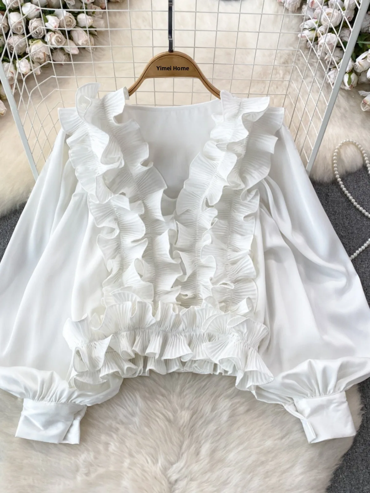 

Slimming Loose Casual Long Sve V-Ne Lantern irt Women's Leisure Top Floral Patchwork Bellflower Hemline Korean Sle