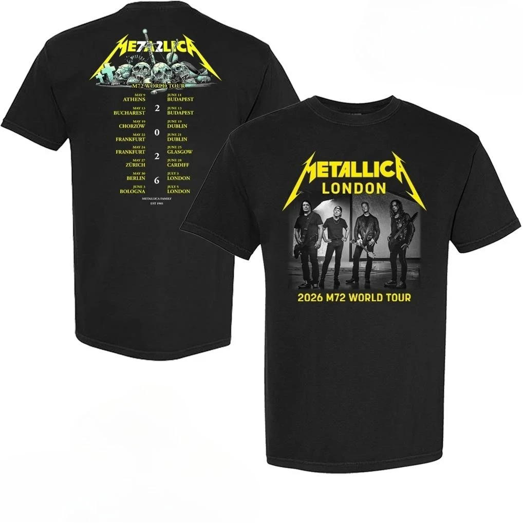 Metallica 2026 M72 World Tour London Tour Dates Printed T-shirt Double Sided Rock Band Streetwear Cotton Casual Unisex Tee