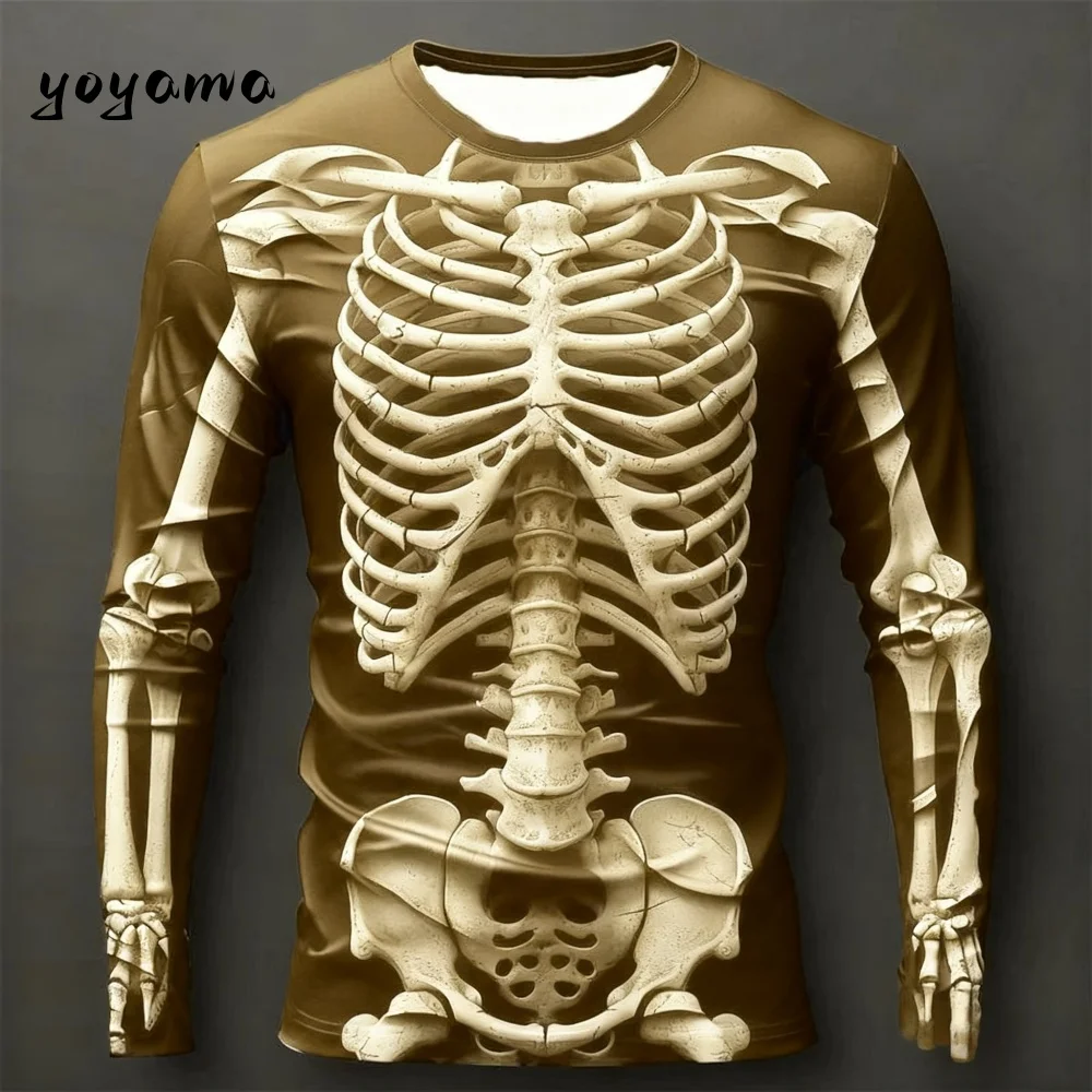 Halloween Skeleton Prints Men Long Sleeve T-Shirt Trendy Street Casual Tops Halloween Long Tees Fall New Breathable Men Clothes