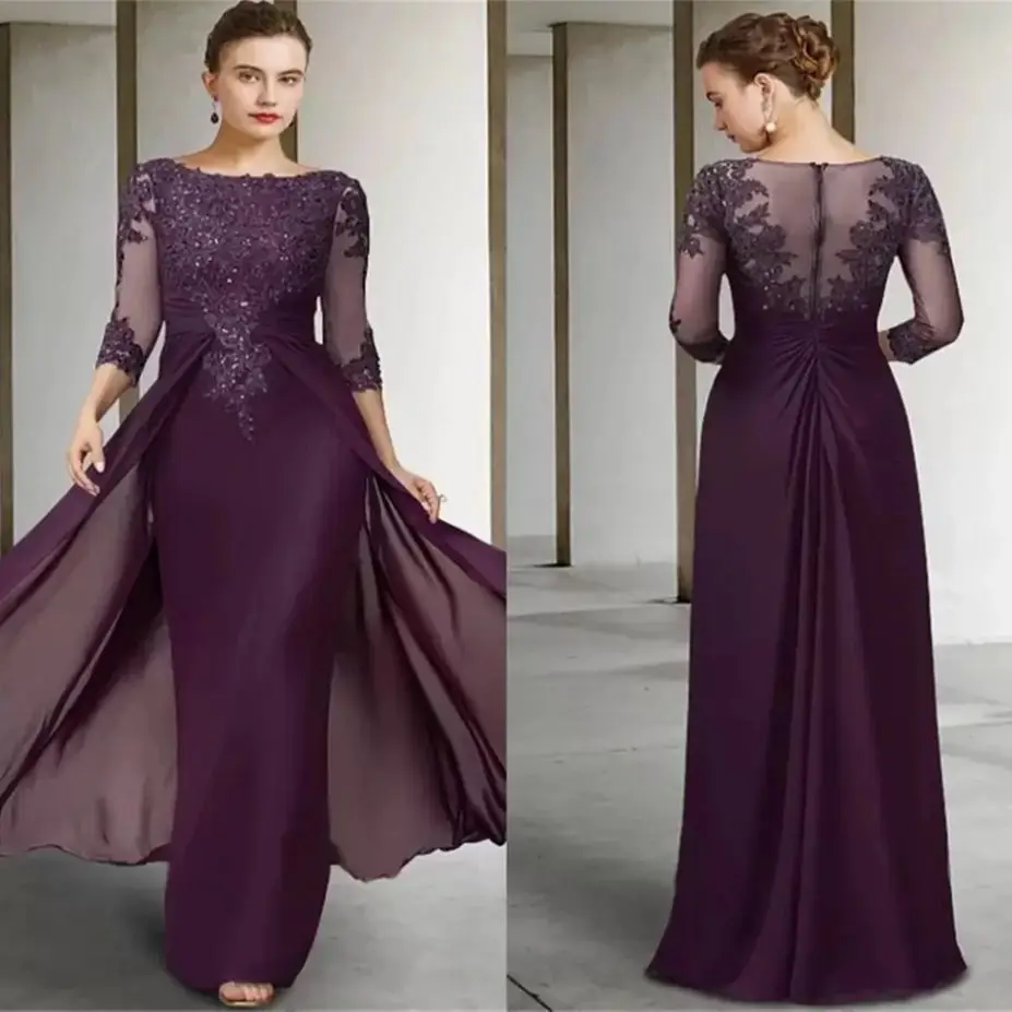 

Elegant Party Dresses Purple Chiffon Mother Bride Dress Jewelry Sequin Applique Long Sleeve Front Side Pull Pleats Prom Dress