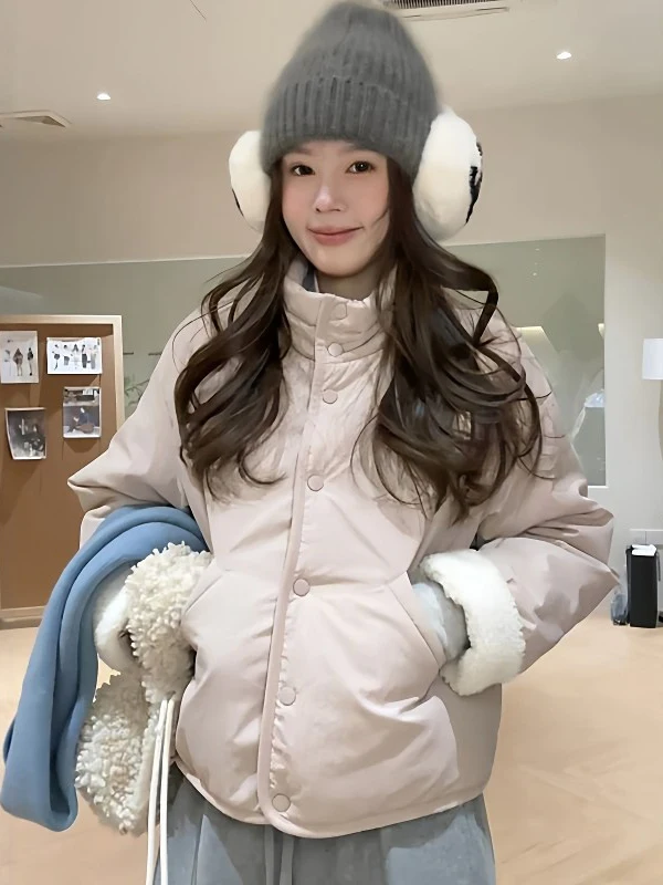 

Уникальный теплый розовый хлопковый джет, женское свободное утягивающее пальто с воротником-стойкой, зимняя новая модная верхняя одежда