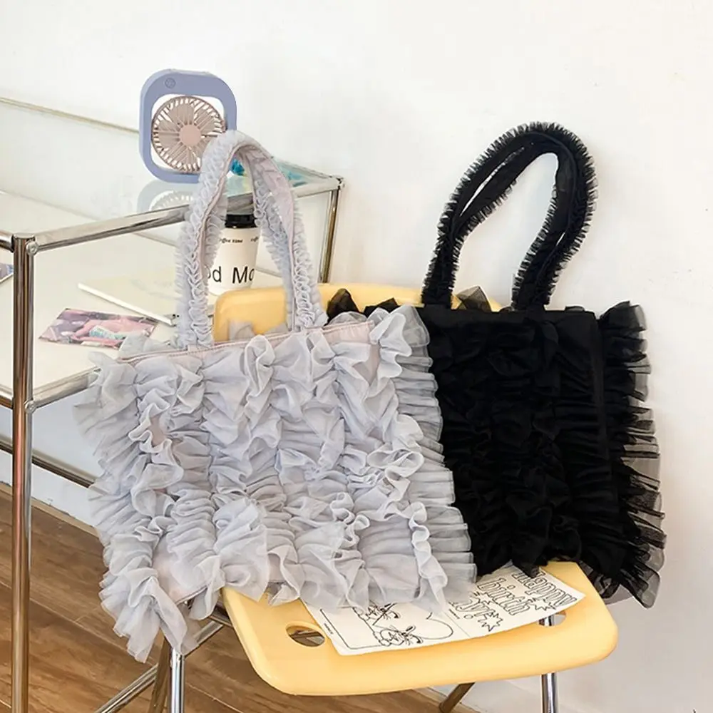 With Ruched Trim Mesh Pleated Splice Shoulder Bag Large Capacity Japanese-Style Pleated Tote Bag Fresh Soft Cake Skirt Handbag