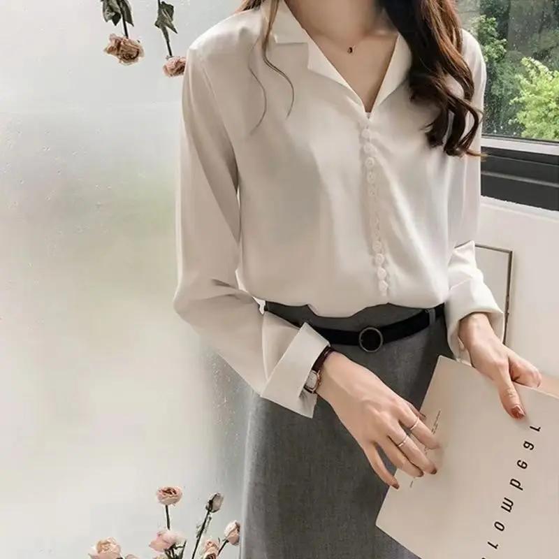 Spring Autumn New Solid Color Blouse Women V-neck Fashion Long Sleeve Button Patchwork Pullovers Elegant Chic All-match Tops