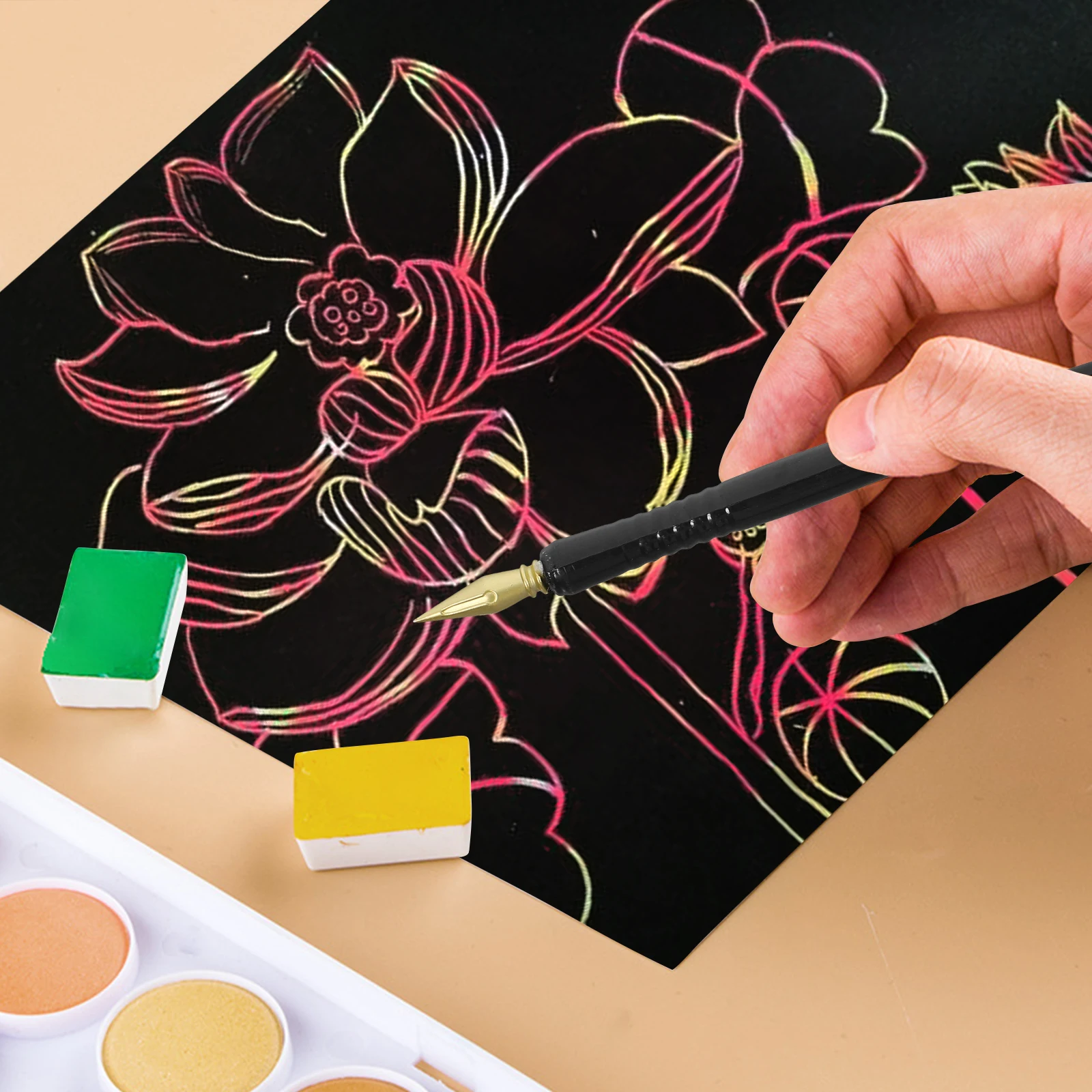 

5 PCS Children's Scratch Paint Brush Drawing Tools Colors Pens Art Gold Black Paper