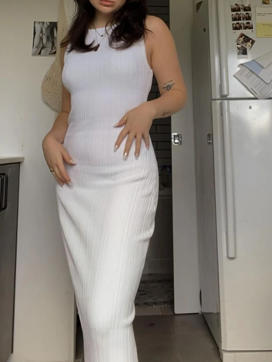 Women Ribbed Knit Dress Sleeveless Crewneck Bodycon Maxi Dress Casual Solid Tank Sweater Dress Back Slit Long Dress