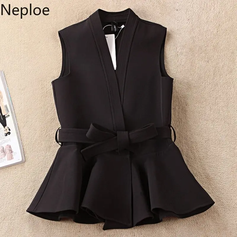 Neploe Ruffles Tank Tops Women Korean V Neck Sleeveless Office Lady Camis Spring 2024 Solid Lace Up Slim Fit Female Vest 1B502