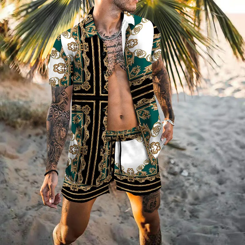 2023 Zomer Nieuwe Mannen Hawaiian Shirts Casual Printing Korte Mouw + Strand Shorts Mode Kleding Mannen Suits