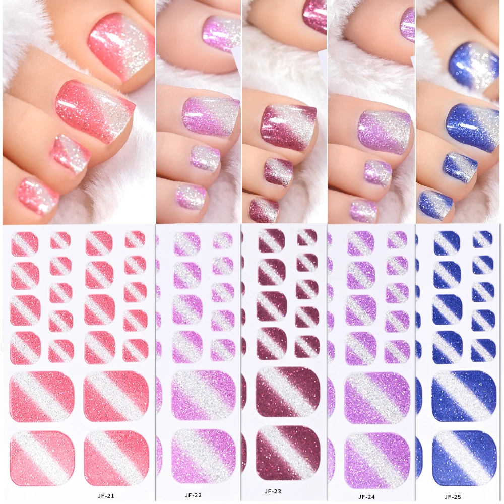 22 embouts/feuille paillettes orteil ongles autocollants ongles des pieds bandes de vernis auto-adhésif bricolage pied décalcomanies été couverture complète orteil ongles enveloppes