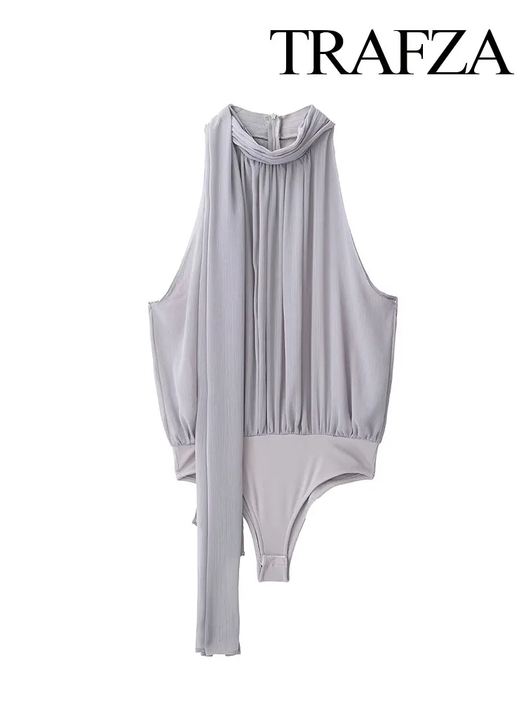 

TRAFZA Women Summer Fashion Solid Bow Decorated Tulle Zipper Sleeveless Jumpsuit+Chic Elegant Y2K Balloon Style Midi Skirt Suit