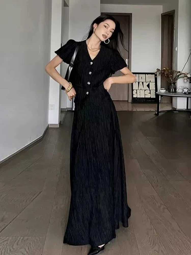 Small Fragrance 2 Piece Set Women V Neck Shirts Short Top + Long Skirt Sets Lady Summer Vintage Fashion Two Piece Suits