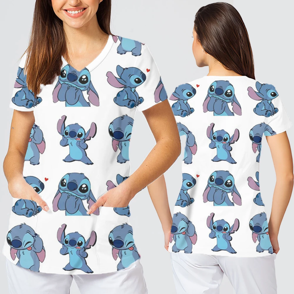 2025 Disney Cute Cartoon Character Printing Odzież damska Dekolt w szpic Krótki rękaw Letnie luźne luźne ubrania do karmienia Topy