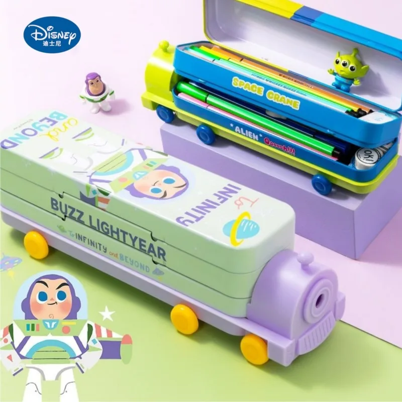 Disney BuzzLightyear Alien Marie Creative Train Shape Multifunctional Stationery Box Double Layer Large Capacity Storage Pen Box