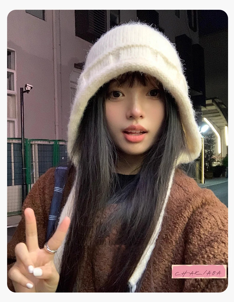 旅行風ショーフェイススモールウールプルオーバーハットブルーリアスプリットデザインストラップニットプラッシュウィザードハット女性秋冬