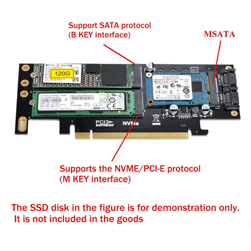 Karta rozszerzająca komputera stacjonarnego 3 w 1 PCIE X16 do M.2 M Key NVME SSD+M.2 B Key SATA SSD+MSATA SSD Adapter Card