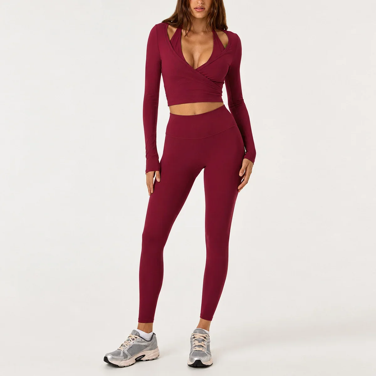 New  Women's Yoga Two-Piece Set Long Sleeve Crop Top High Waist Joggers Gym Workout Activewear Ballet Core with Wrap Tie