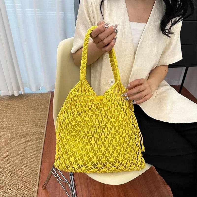 High Quality Solid Color Versatile Vacation Handmade Woven Hollow Mesh Shoulder Bags Summer 2025 Minimalist Women's Tote Bag