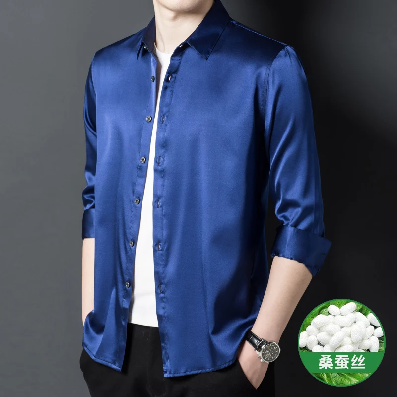 

Solid Skin-Friendly Shirts For Men Long Sleeve Luxury Easy Care Summer Quality Coolness 93% Silk Contain Satin Camisas De Hombre