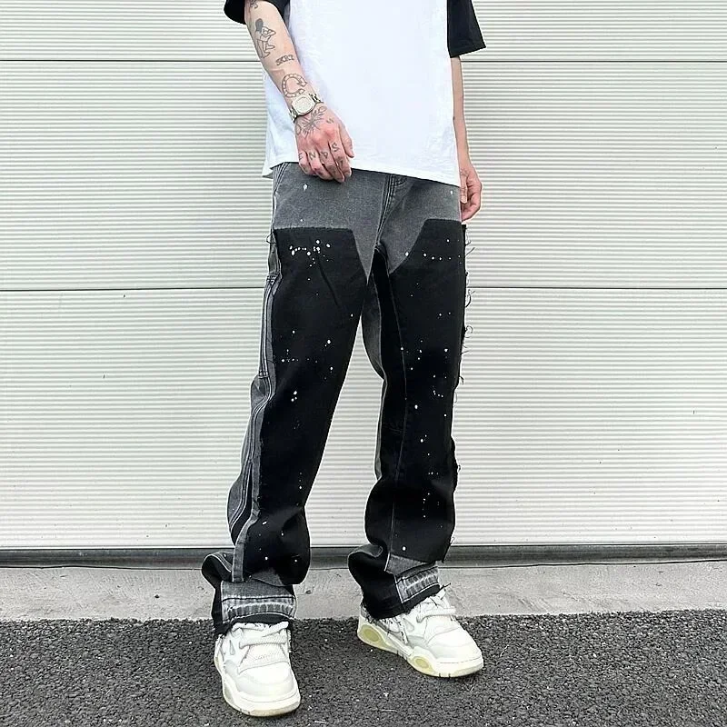 European / American retro trendy spliced jeans street style American bootcut pants spliced ink splash jeans for male couples