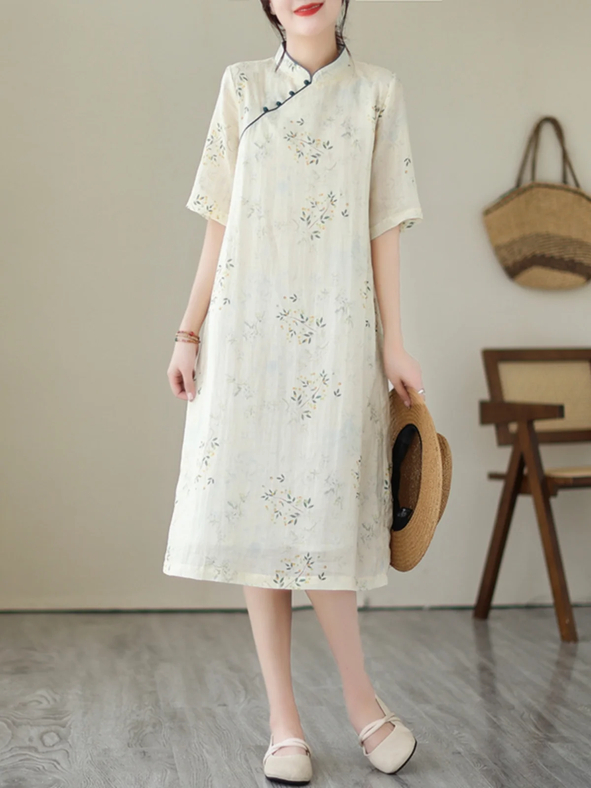 Ele dupla camada de linho algodão qipao dr estampa floral emagrecimento chinês sle comprimento médio saia linha a vintage commute