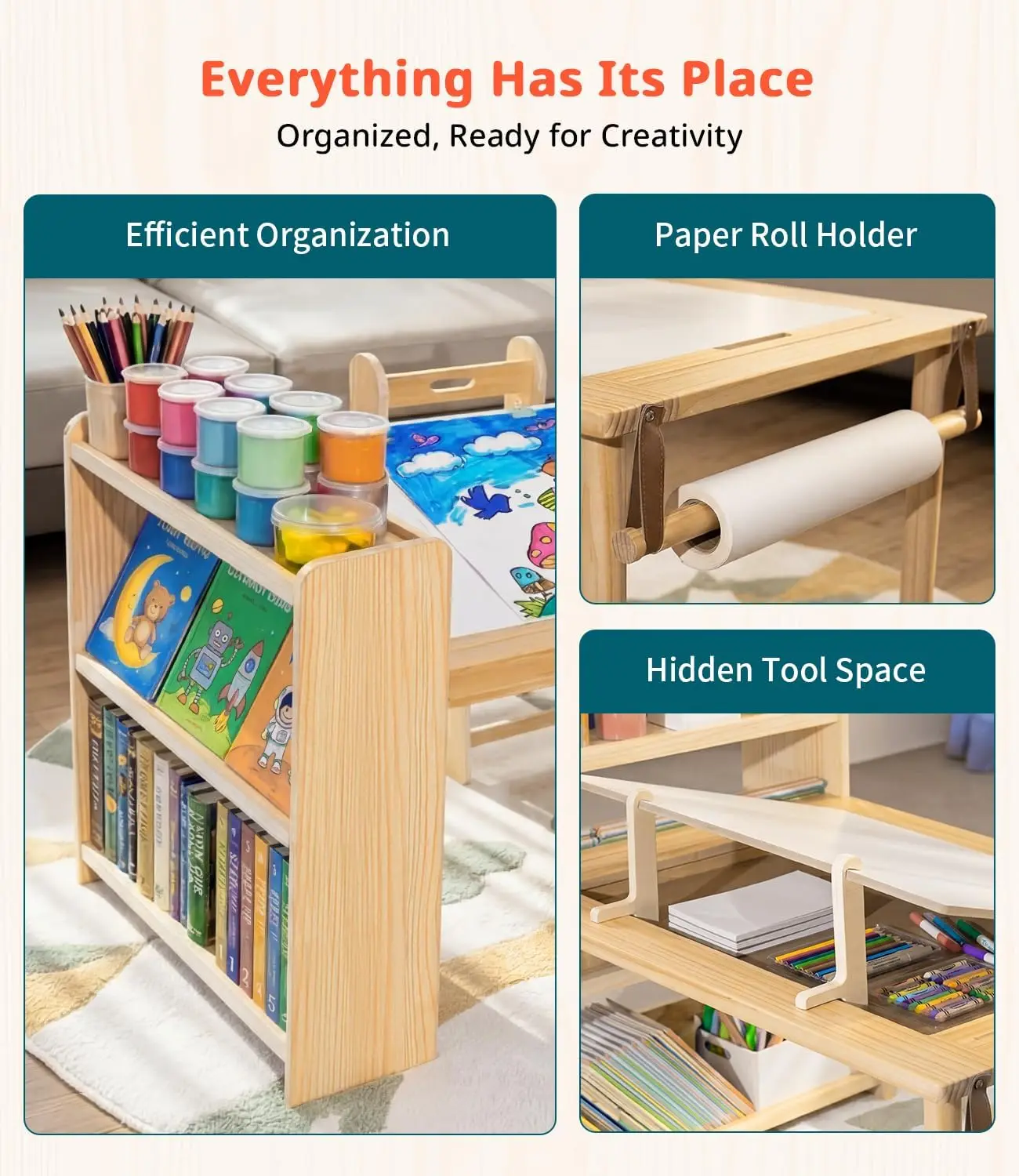 Children's Art Table and 2 Chair Set, Multifunctional Craft Table with Storage Shelves, Toddler Activity for Creativity, Drawing, Learning & Playtime