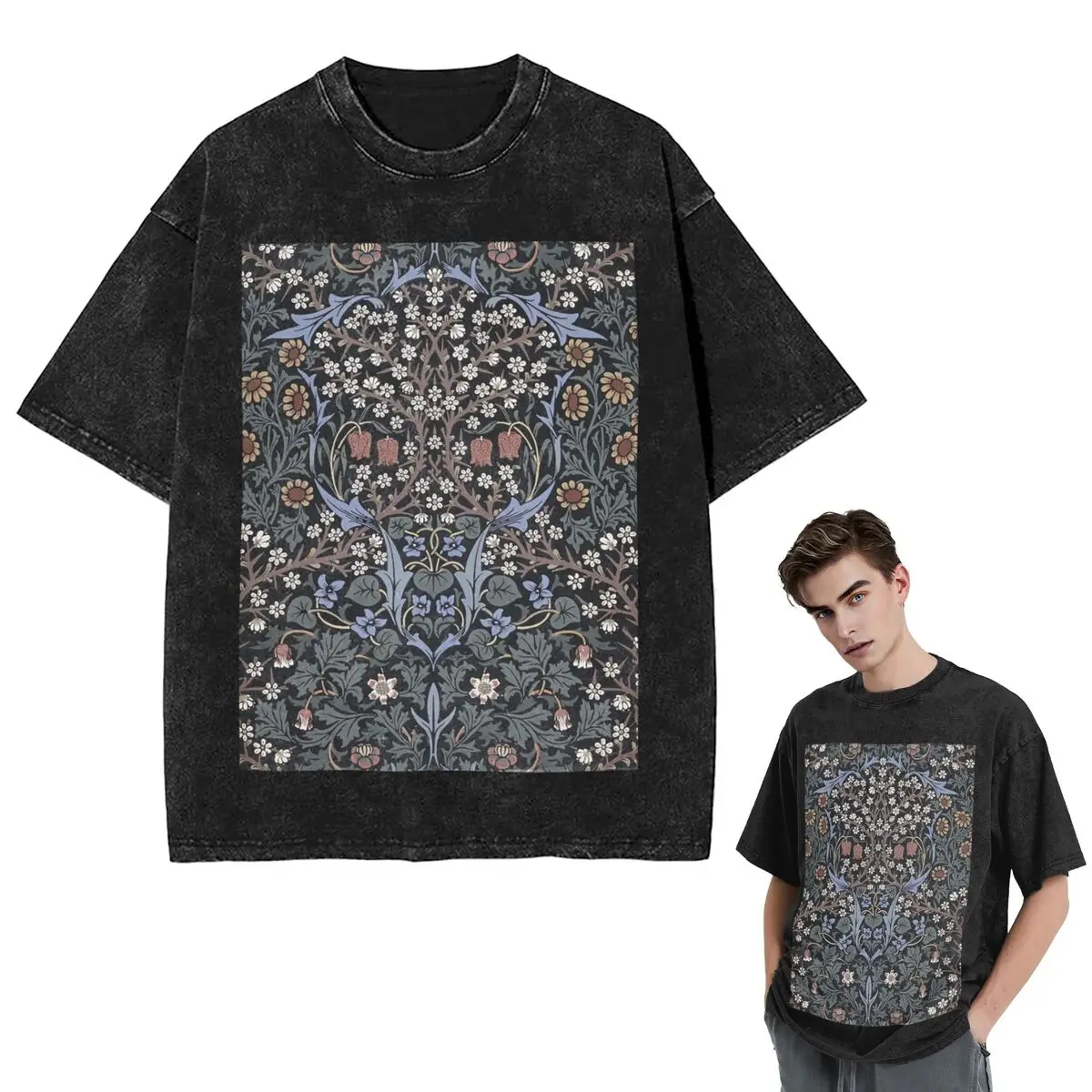 Streetwear T-Shirts William Morris - Blackthorn Washed T Shirt Short Sleeve Hip Hop T-Shirt Tops Tees for Men Women