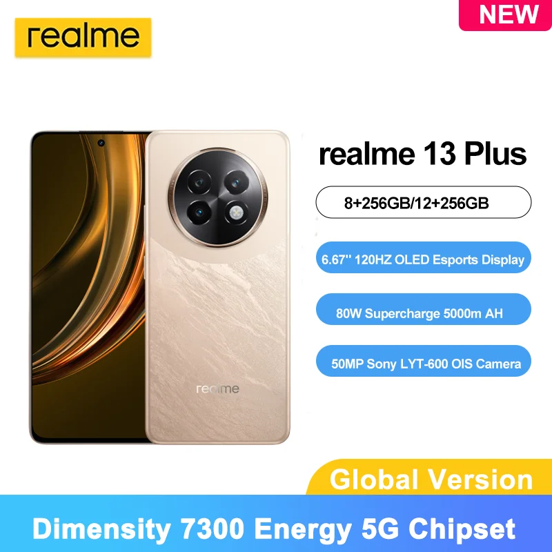 realme 13 Plus 5G Smartphone Dimensity 7300 Energy Chipset 80W 120Hz OLED Display Charge 5000mAh Battery 50MP Sony OIS CameraNFC