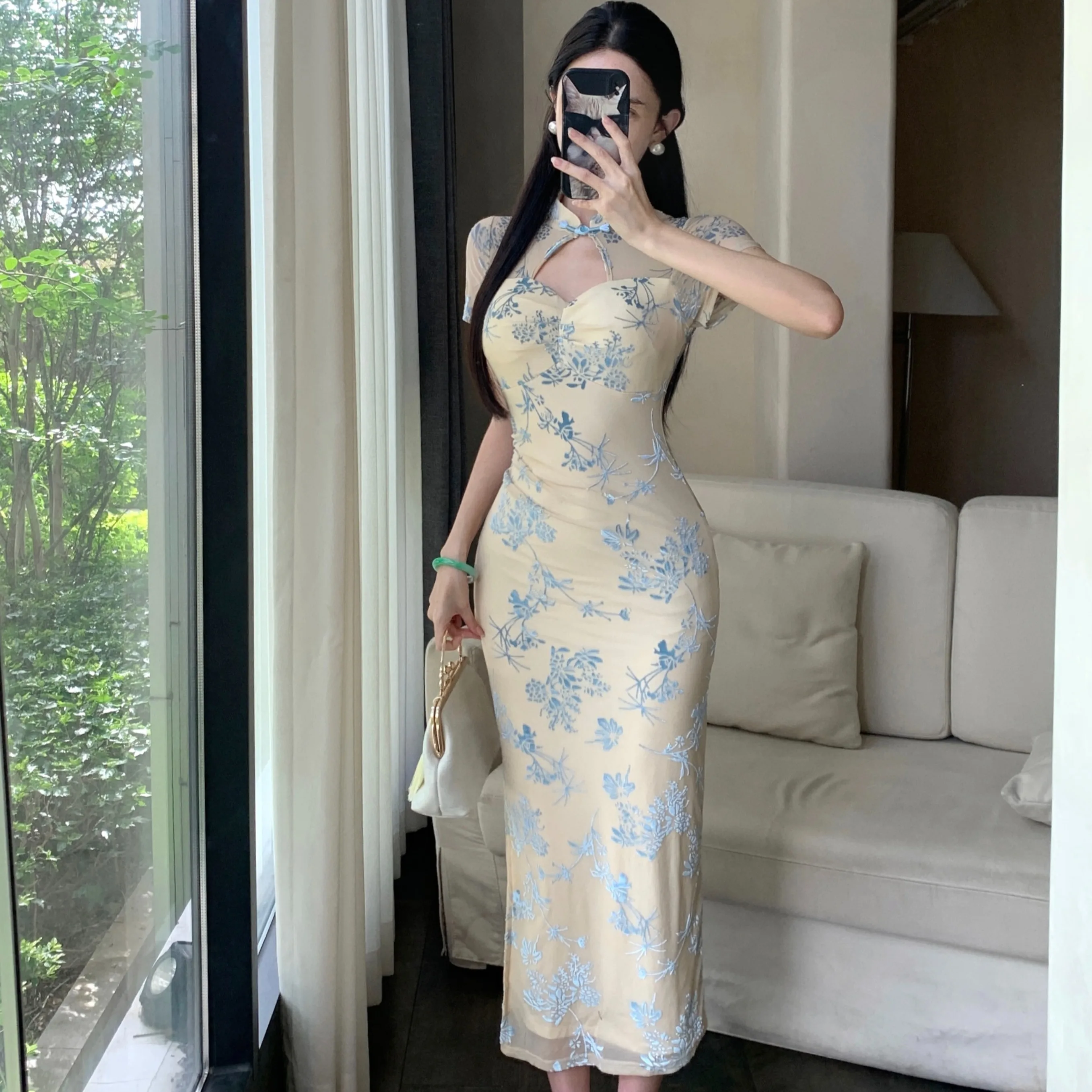 Novo chinês sle bordado ort sve qipao dr feminino retro sexy bodycon saia longa fibra de poliéster verão dr