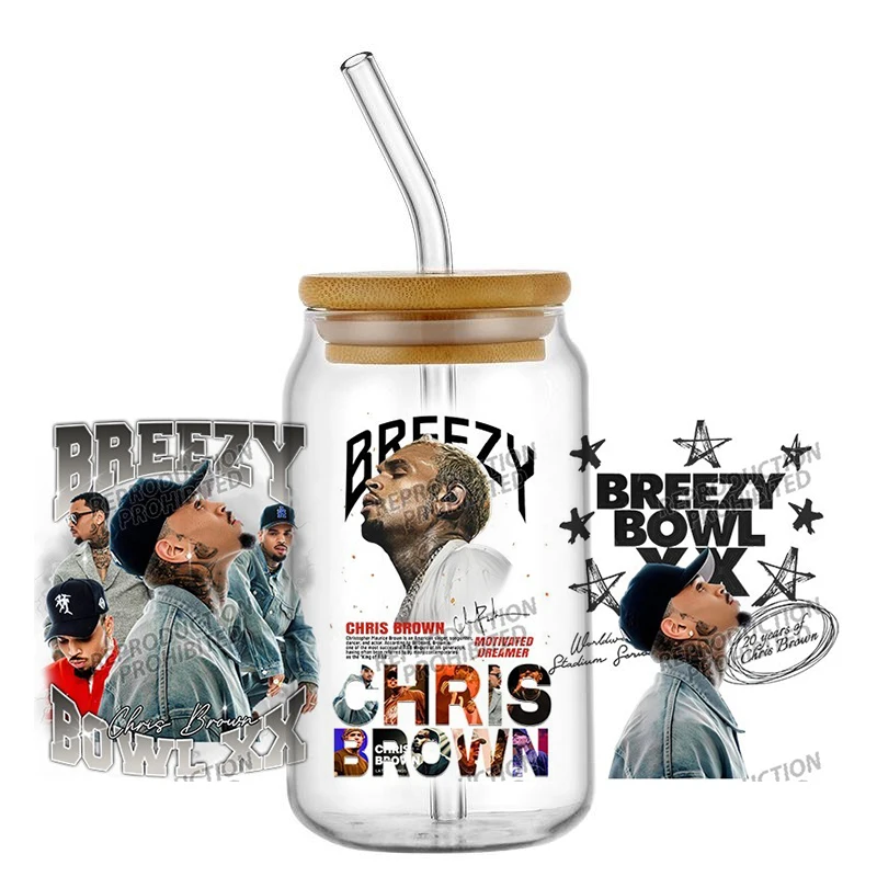 New Popular Singer Chris Brown Transfer 3D Sticker UV DTF For 16oz Libbey Glass Cup Collection Can Mug Wraps Tumbler Decals view 4