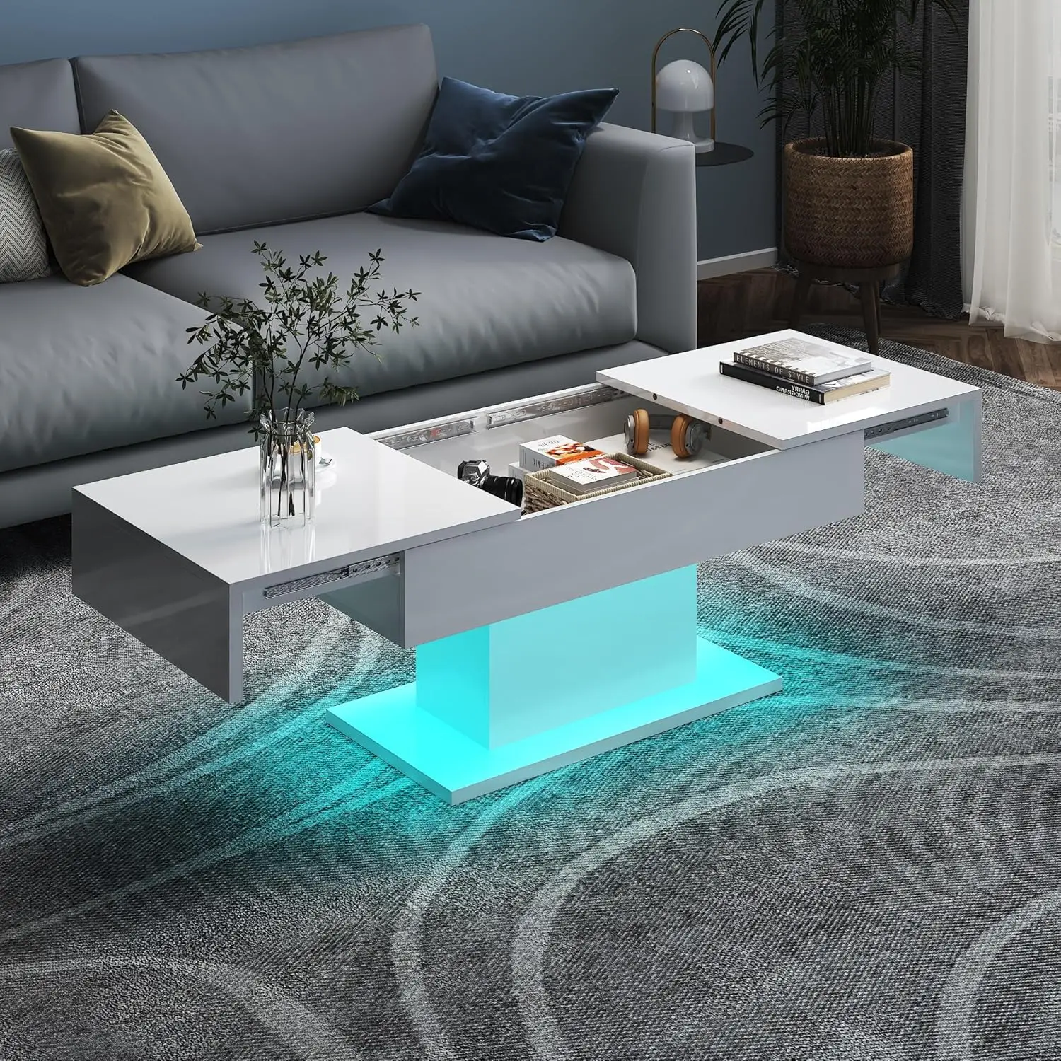 

White LED Coffee Table Storage High Glossy Wood 16 Colors Lights Living Room Dining Reception, Customized
