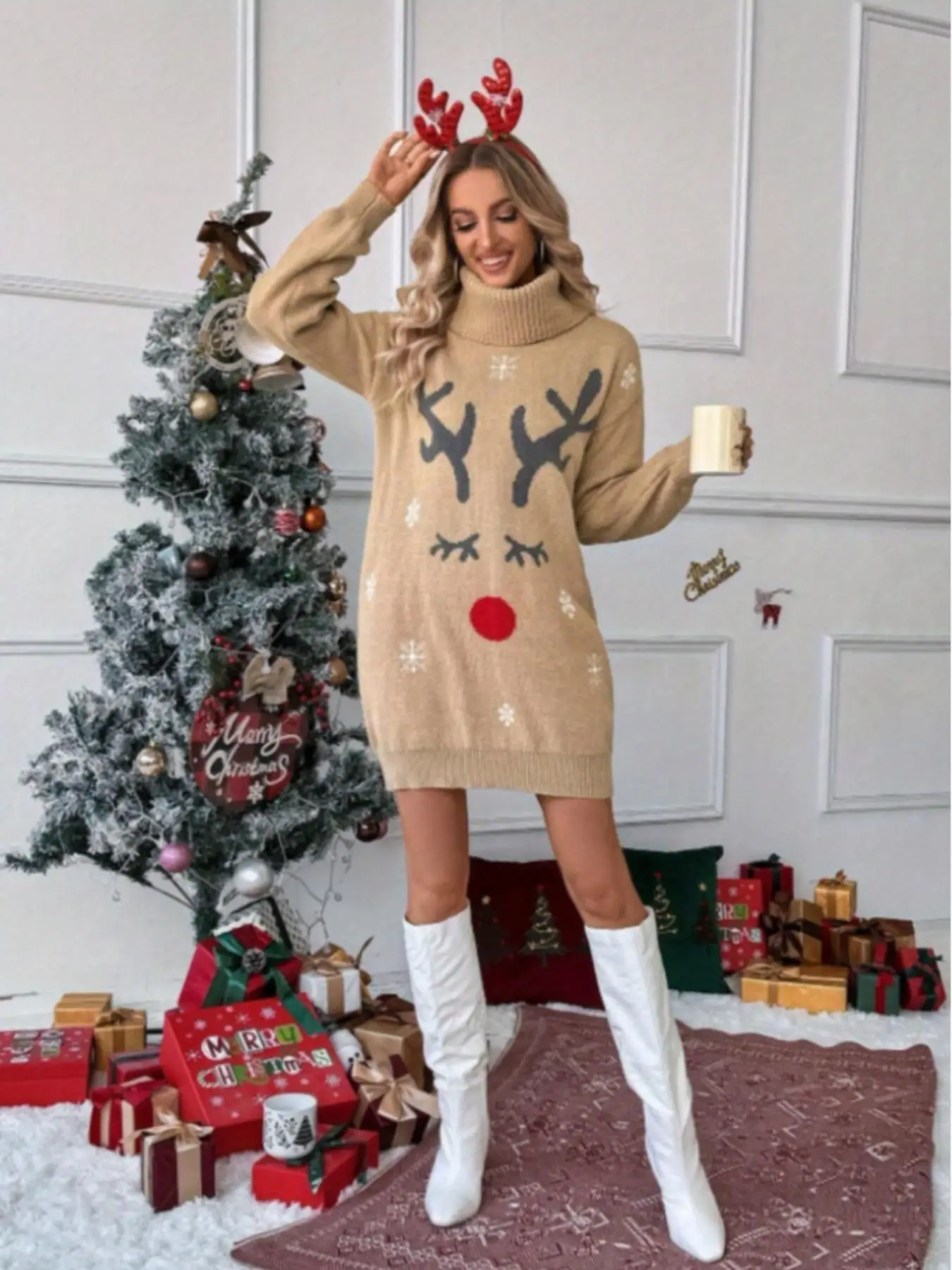 Weihnachtliches Strickkleid für Damen mit Rollkragen, Rentiermotiv, Schneefall-Print, überschnittenen Ärmeln, lockerem Schnitt, Winter-Feiertagsoutfit. – Detail 8