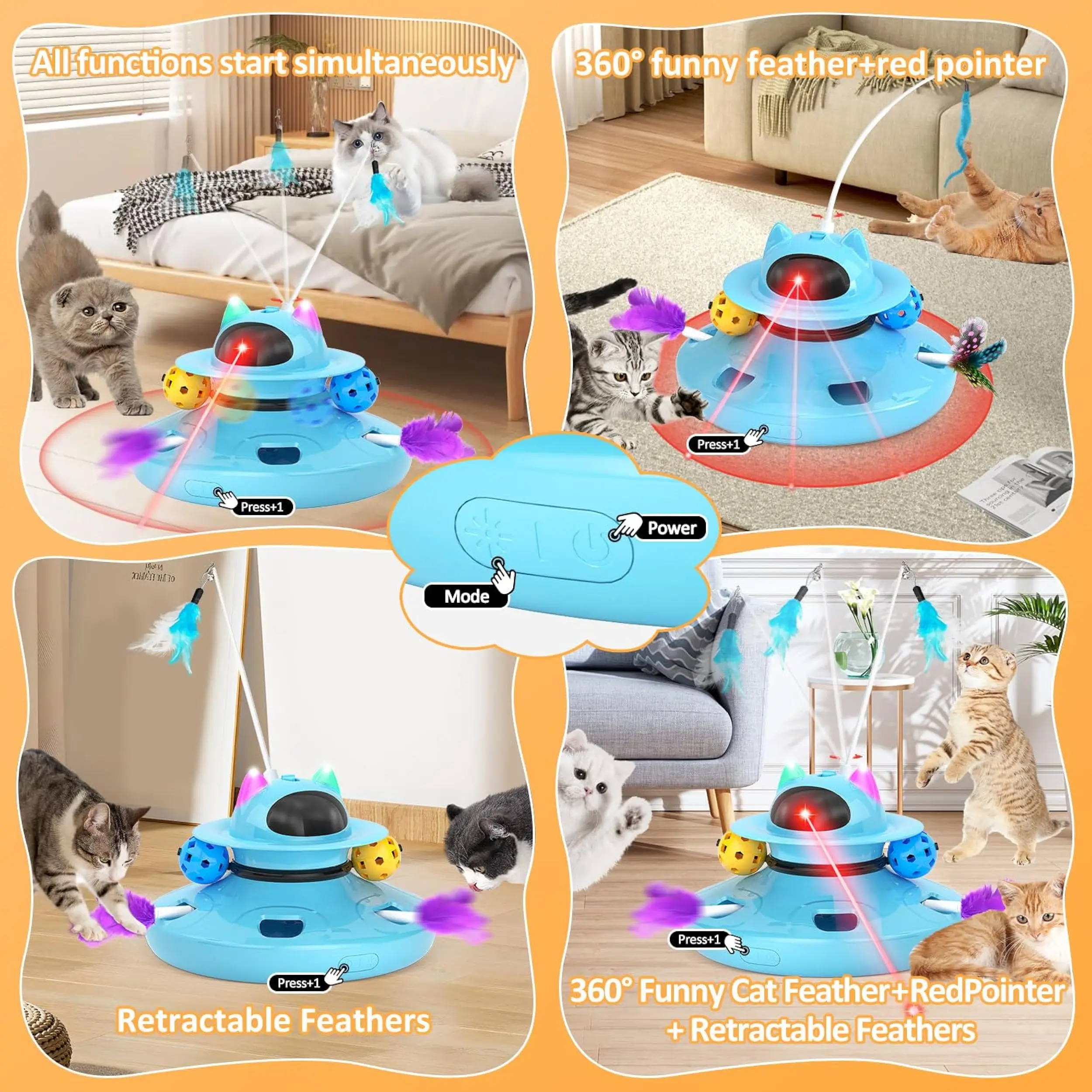 Interactive Cat Toy 4-in-1 Automatic Interactive Kitten Toy with Feather and Trackball Rechargeable Indoor Cat