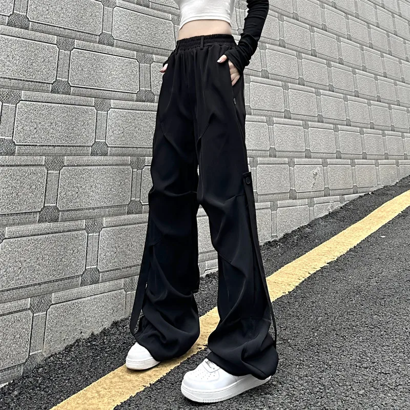 Streetwear Cargo Pants Women 2023 New Design High Waist Elastic Pleated Straight Hip Hop Black Pants Baggy Trousers