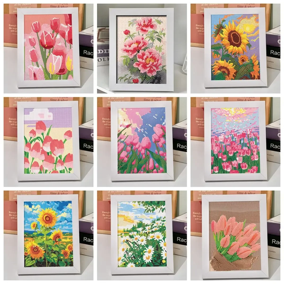 DIY Tulpen-Sonnenblumen-Diamantmalerei mit Rahmen, Diamant-Stickerei, Bastelgeschenk für Kinder