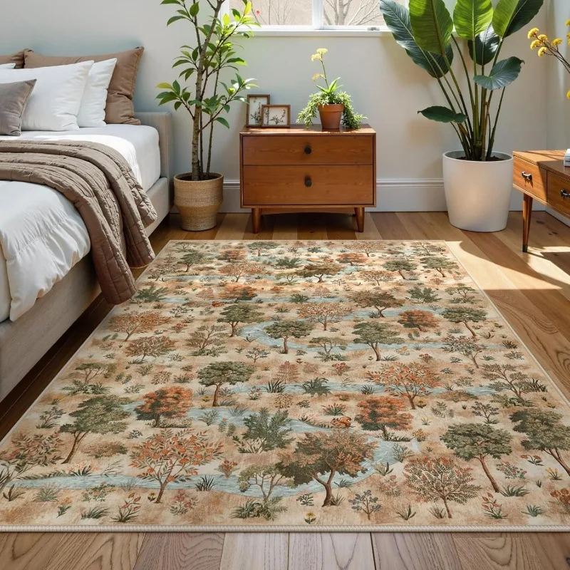 

Pink Forest Style Living Room Carpet Large Area Tree Print Bedroom Rug Machine Washable Foldable Coffee Table Floor Mat Alfombra