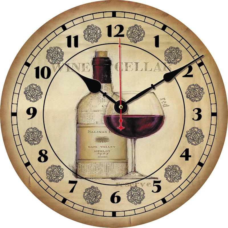 Vintage Wine Kitchen Round Wall Clock Large Dinning Restaurant Cafe Decorative Wall Clock Silent Non-Ticking Nice For Gift