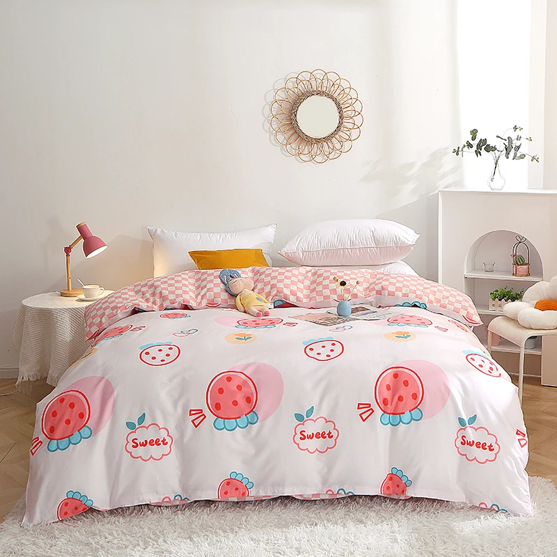 Strawberry Printed 100% Cotton Duvet Cover Cute Kawaii Floral Bedding for Boys Girls Teens Cartoon Red Fruit Comforter Covers