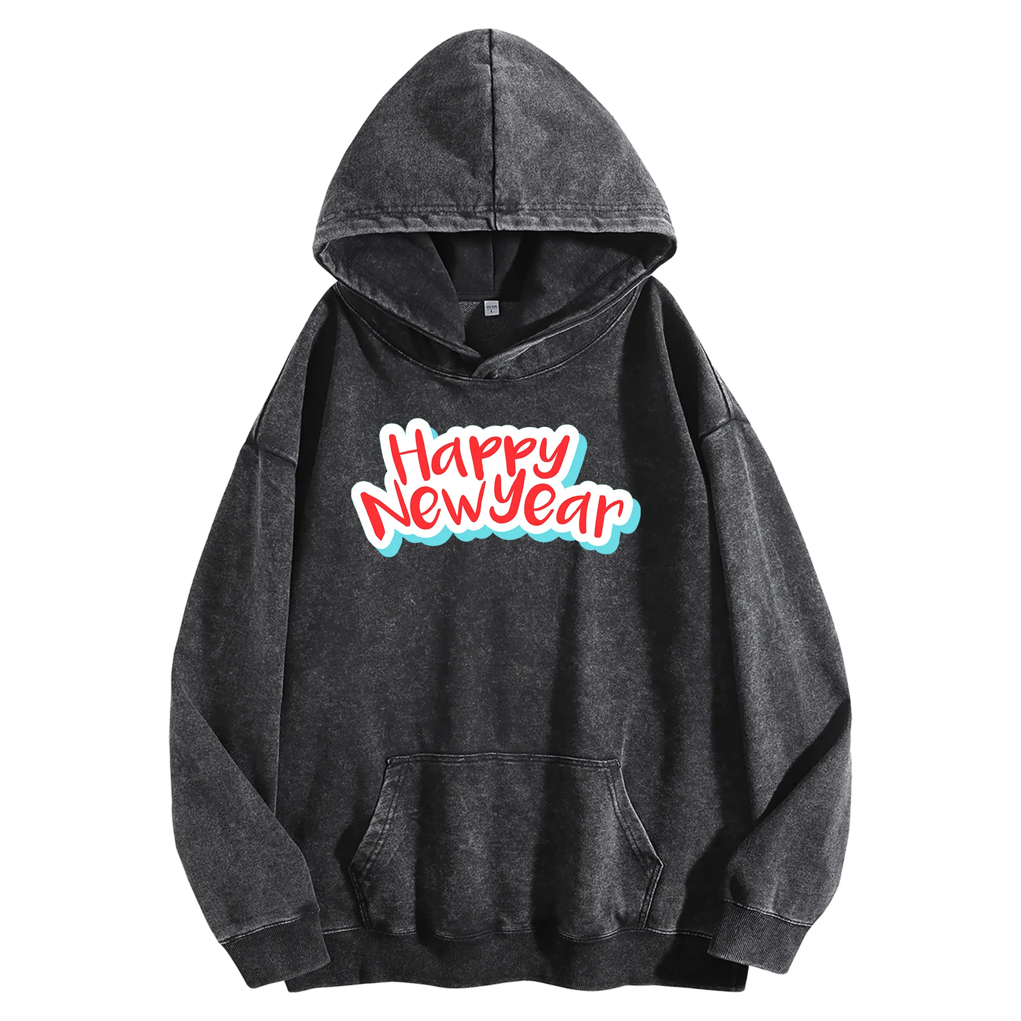 سنة جديدة سعيدة طباعة جرافيك 400G خمر غسلها هوديي للجنسين المتضخم الشارع الشهير البلوز مجموعة الخريف/الشتاء