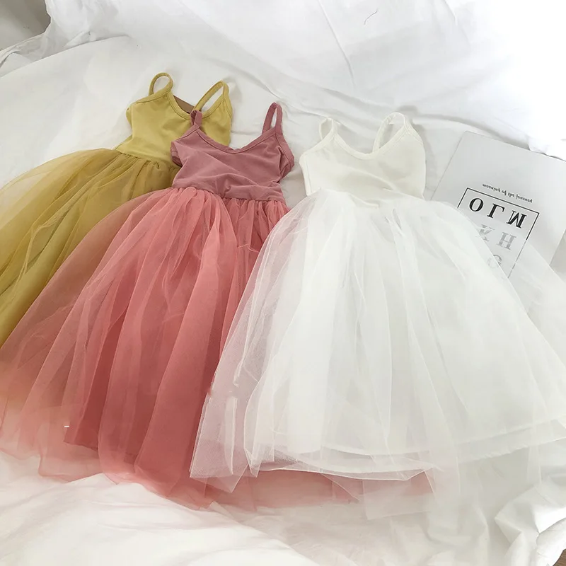 Summer suspender dress for girls sweet princess dress beach dress children's sleeveless solid color bottom dress