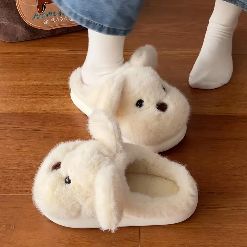 

White fluffy dog slippers home cute animal girls flip flops woman home use floor mules warm winter plush puppy shoes