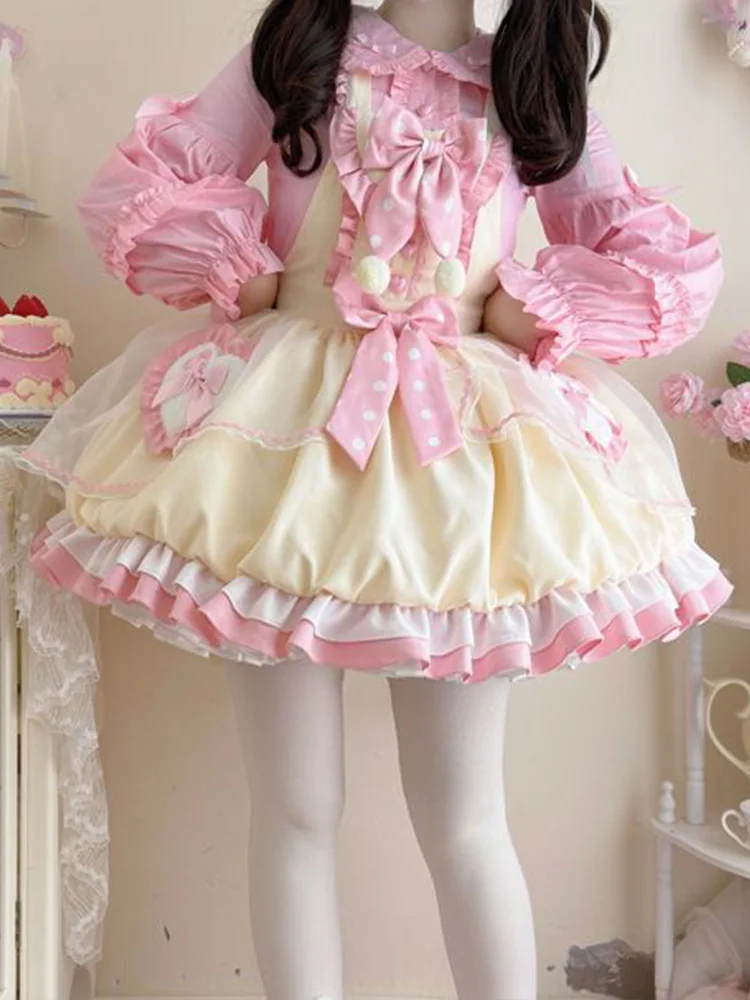 

KIMOKOKM Kawaii Lolita Bud JSK Camisole Dress Sweetheart Square Collar Rabbit Princess Vitality Girly Sleeveless Loli Mini Dress