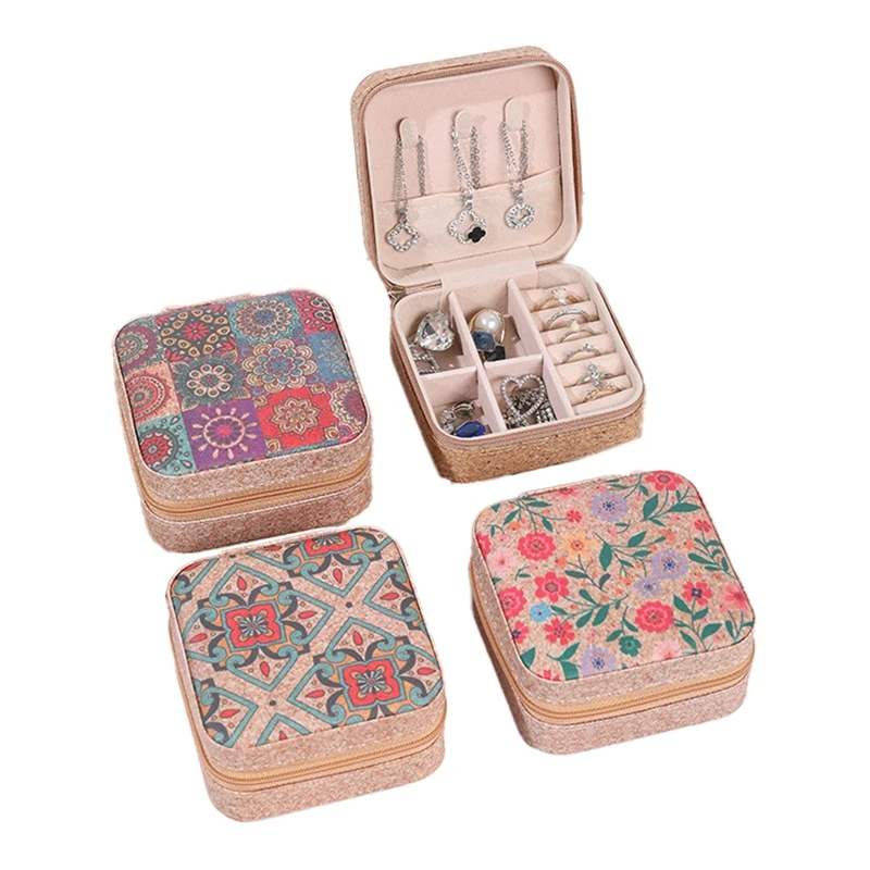 4PCS Vintage Cork Jewelry Boxes Square-Shape Flower Printed Zipper Jewelry Case Portable Necklace Earrings Storage Box