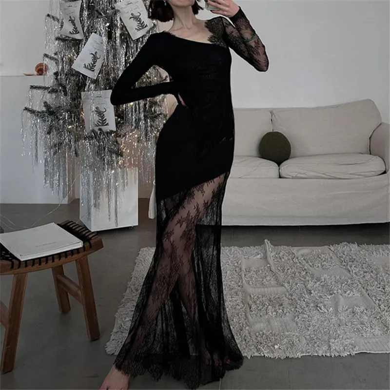 Goth Dark Ladies Elegant Fashion Party Gown Sexy Fairy Lace Patchwork Sheer Hem Bodycon Dresses Trim Skew Neck Dress Y2K Outfits