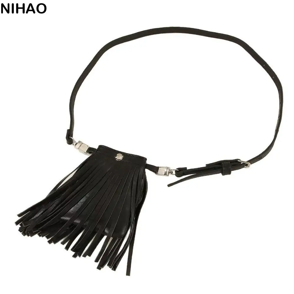 

Waist Bag PU Leather Tassel Belt Alloy Vintage Waistband with Bag Punk Jeans Decor Pocket Belts Streetwear