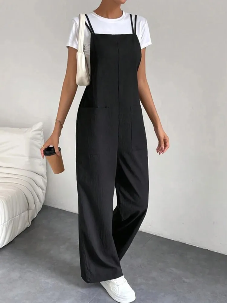 European and American Suspender Jumpsuit Women\'s 2024 Summer New Fashion Casual Solid Long Wide Leg Women Overalls Jumpsuit