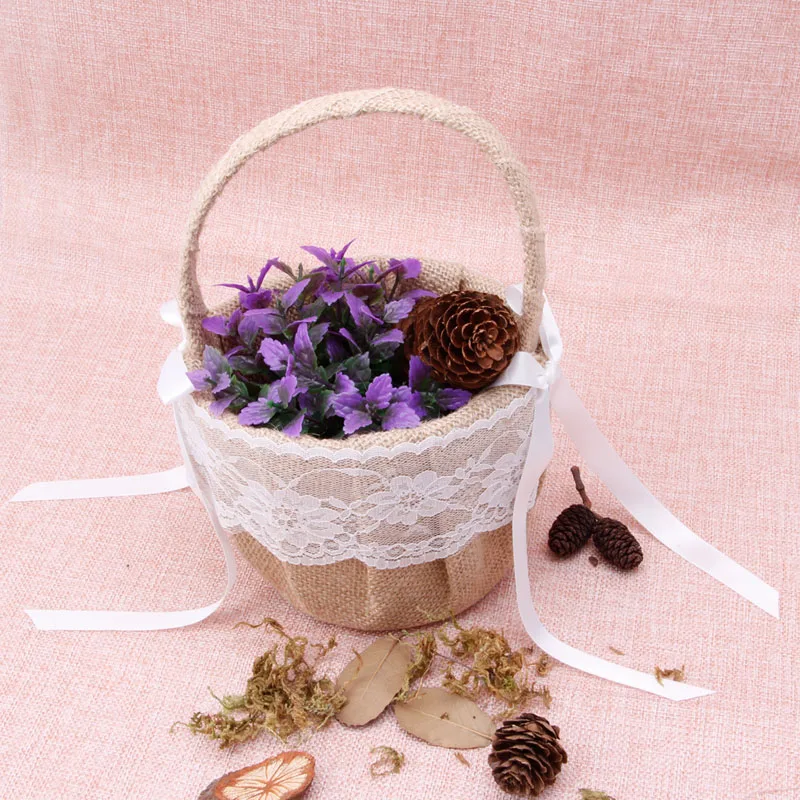 Y1UB Romantic Burlap Lace Decor Petals Storage Flower Container Basket for Wedding