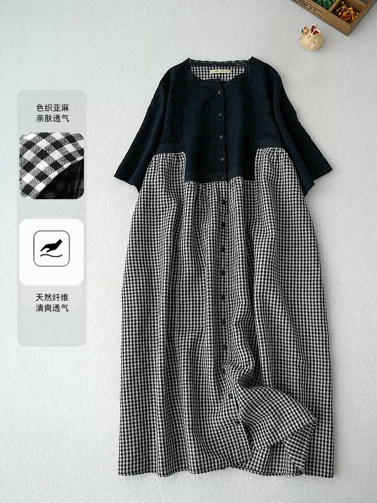 112cm Bust / Spring Summer Women Loose Plaid Embroidered Comfortable Natural Breathable Water Washed Linen Dresses