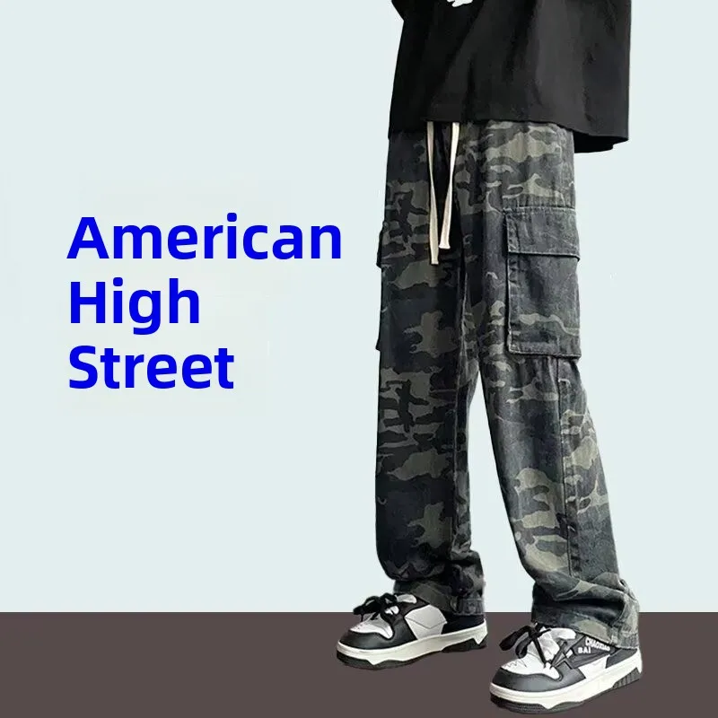 

American Retro High Street Camouflage Elastic Waist Casual Pants Street Dance Workwear Hiphop Men's Straight Multi-Pocket Lon...