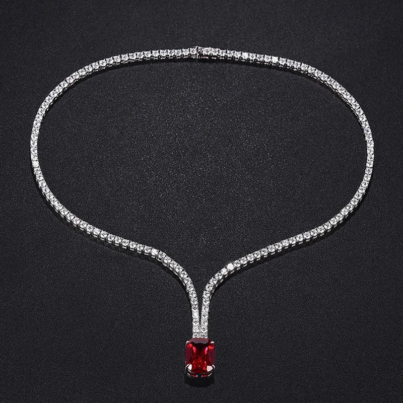 Cushion Cut Ruby Sapphire Pendant Necklace 925 Sterling Silver Iced Out Zircon Tennis Chain Women Necklace White Gold Plated