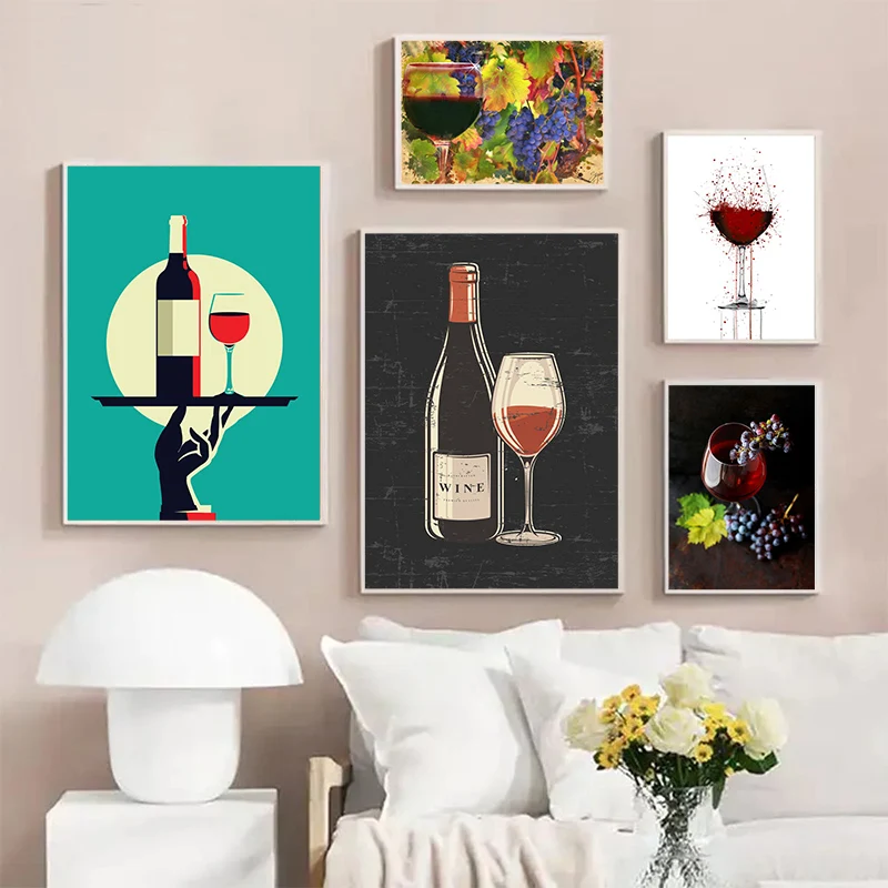 Red Wine Alcoholic Beverages Painting Canvas Poster Goblet Modern Wall Art Picture for Living Room Bedroom Store Home Decor