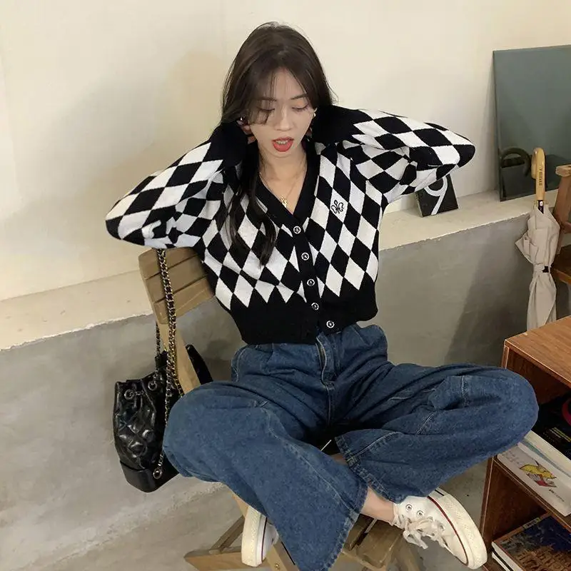 Korean Style Spring Autumn Black White Checkerboard Patterns Knit Cardigans Outerwear Women\'s Sweater Preppy Style Students Coat